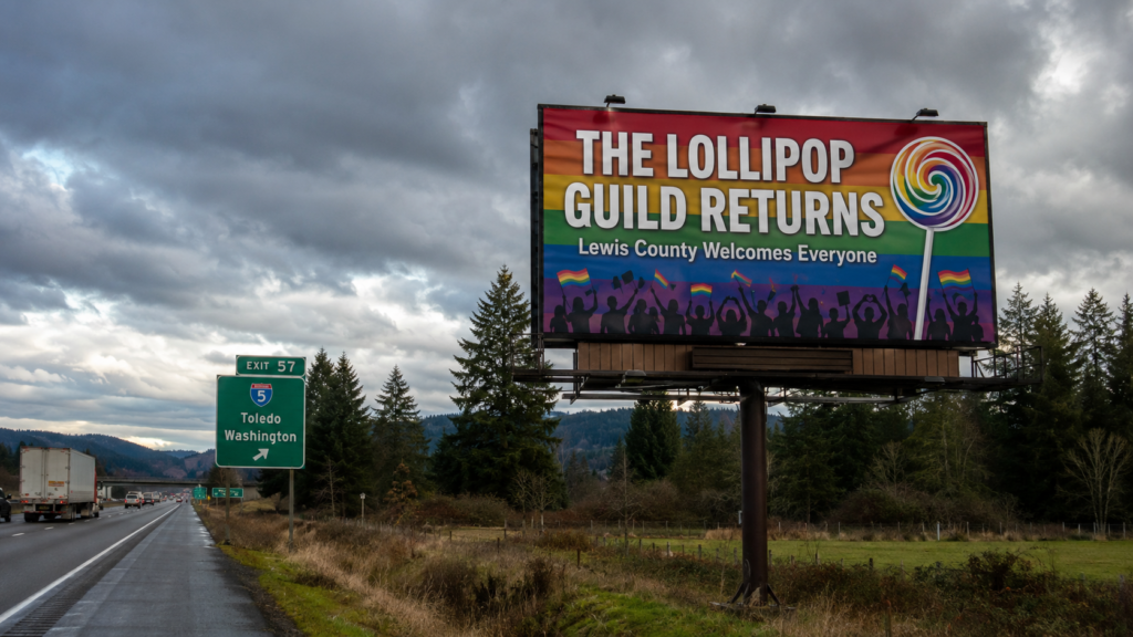 Editorial illustration: Kyle Wheeler for Lewis County Commissioner billboard near Toledo, Washington