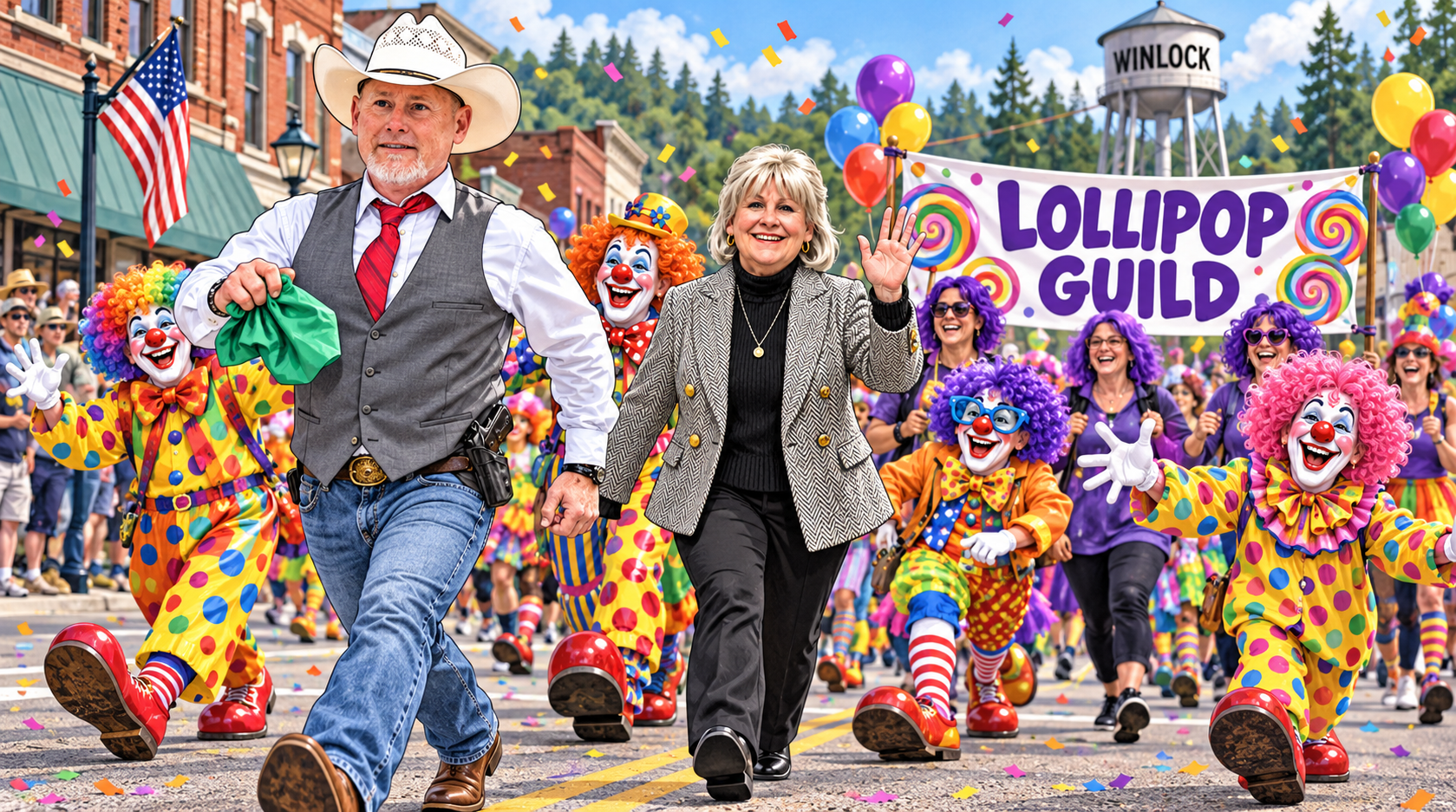 Satirical illustration of a Winlock parade with clowns and a Lollipop Guild banner